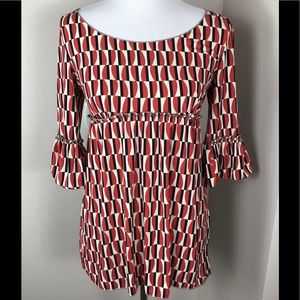 Max Studio Retro Design Mod. Print 3/4 Sleeve Top Size Small Red & Black